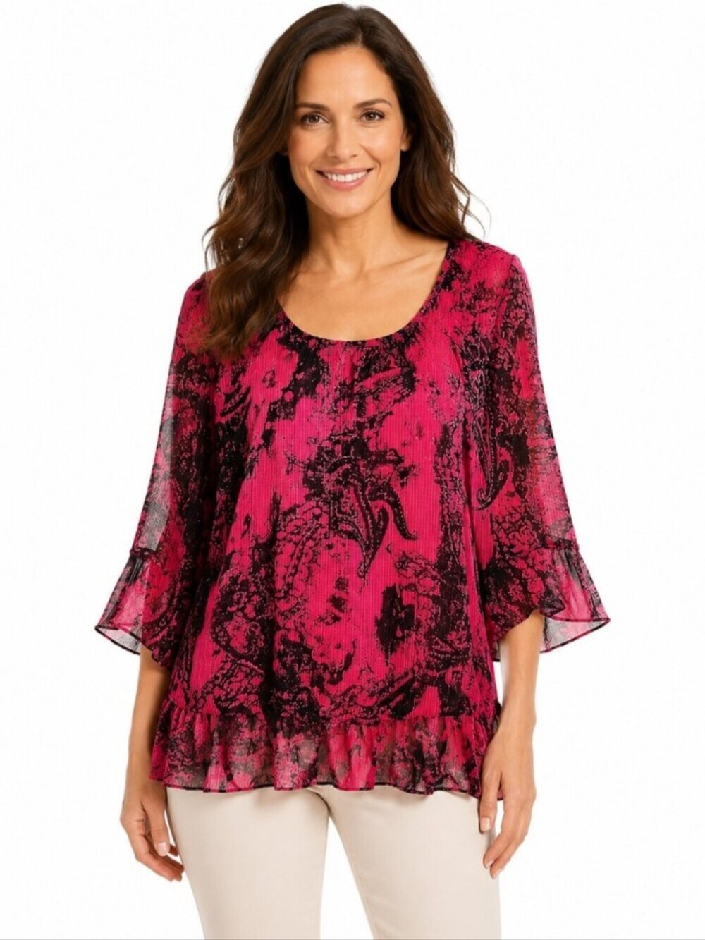 Sara Michelle Red & Black Sequin Blouse with Batwing Sleeves, Size 1X